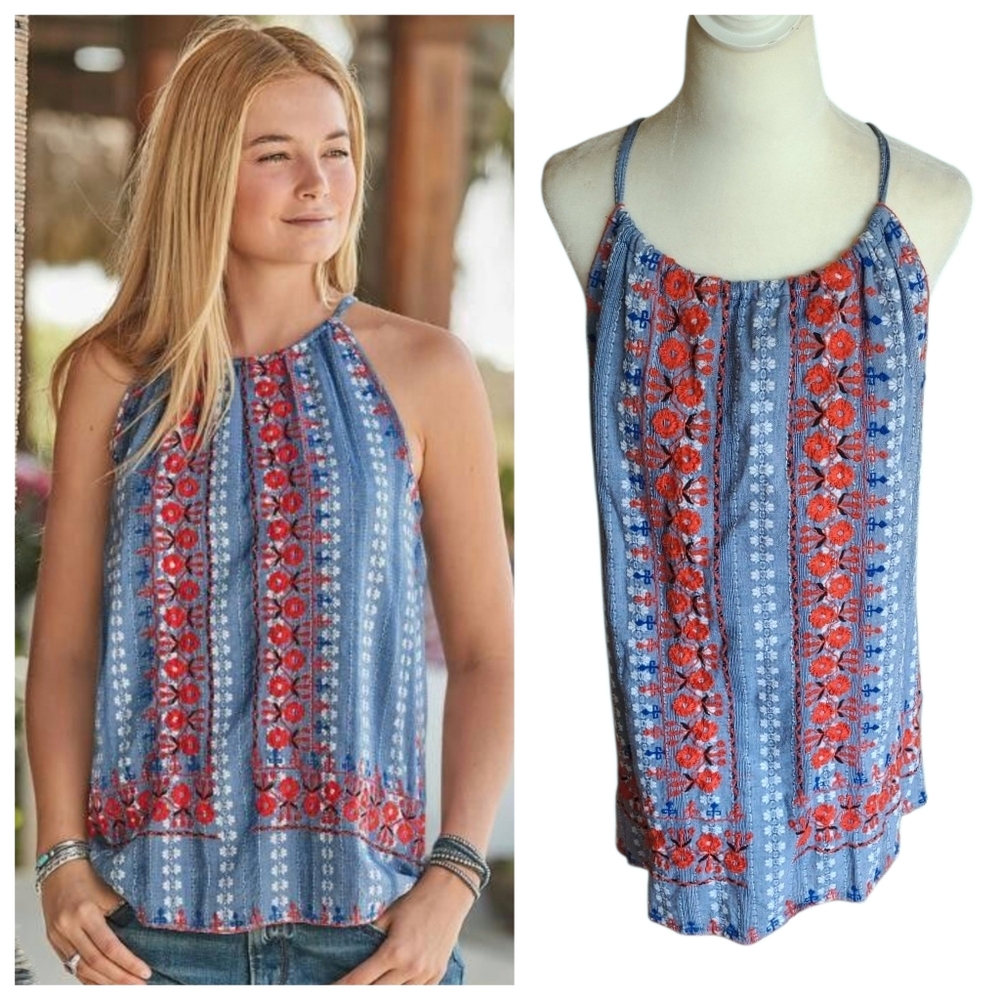 Sundance | Chambray High Neck Halter Top Embroidered Tassel Ties Lined Large